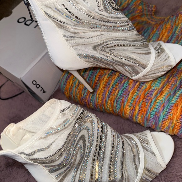 Aldo White and Silver Heeled Boots with Strappy Design and High Stiletto Heel - Picture 5 of 14